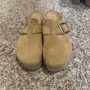 Madden Girl Buckle Tan Suede Clogs